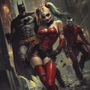 Generate a full-body illustration featuring Harley Quinn in her...
