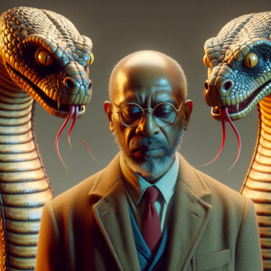 "Craft a hyper-realistic scenario where three humanoid snake cha...