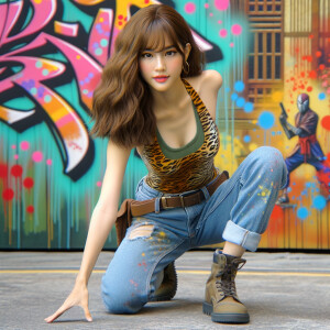 teenage girl, long brown hair and bangs, wearing tight skinny je...