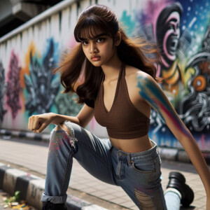 teenage girl, long brown hair and bangs, wearing tight skinny je...