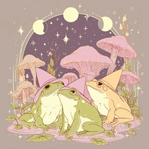 cute line-art illustration of frogs wearing wizard hats sitting...