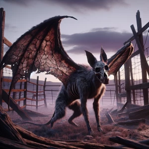 A lone, weathered chupacabra, rendered in ultra-realistic 3D, po...