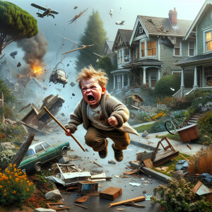 Prompt: a furious expression, is throwing houses, trees, and oth...