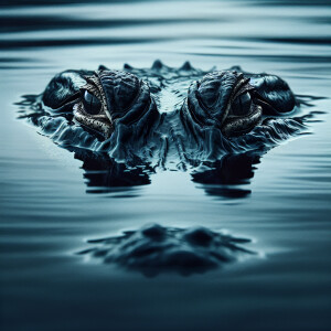 An  alligator submerged under water except for its eyes. It look...