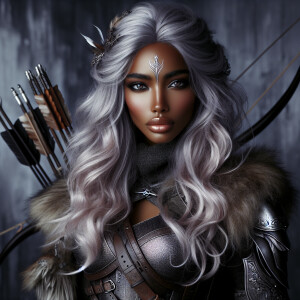 A beautiful huntress from the “Monster Hunter” series with dark...