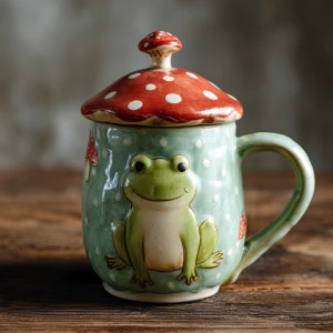 Frog mug with mushroom lid, cute animal/fungi combo, often hand-...