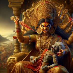 portrait of angry looking goddess durga sitting on a gold crown...