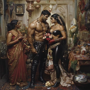 A wealthy muscular Indian groom with a tender affectionate expre...