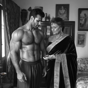 A muscular man, glistening with sweat, joyously celebrating Diwa...