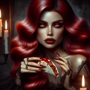 In a dimly lit, candle-filled chamber, a captivating female vamp...