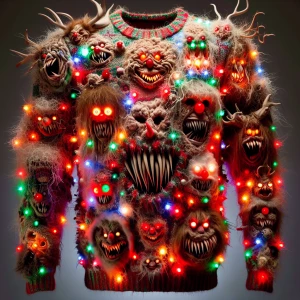 "A grotesque Christmas sweater adorned with tangled strings of f...