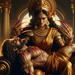 portrait of angry looking indian goddess sitting on a gold crown...