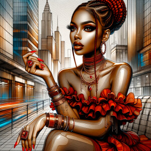 Enjoying a day out an alcohol ink of an African American slimthick toffee skin tone woman, brown siren eyes. Newyork City landscape sitting on a bench. She’s wearing a Red ruffled mini dress off the shoulders, red heels, rings, multiple necklaces, spice red low braid updo plus edges, full lips, long  nails, wispy long lashes, 4K HDR contrast colors