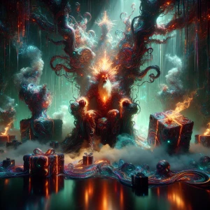 In a hazy, psychedelic forest, a sinister Santa figure sits atop...