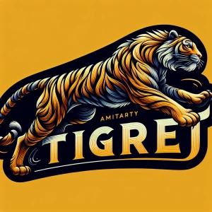 A vibrant tiger mascot mid-stride, its fur pattern stylized into dynamic, flowing lines. Below it, the brand name is rendered in a strong, modern typeface that complements the mascot’s energetic pose.