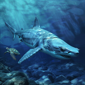 Hammerhead shark with a sea turtle shell and sea turtle fins. Ul...