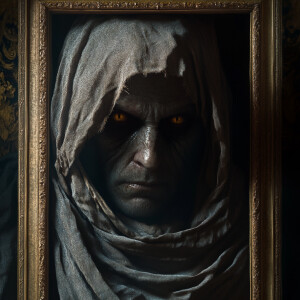 As an unsuspecting man looks beneath a cloth, draped over the cu...