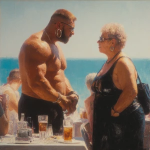 Hyperrealism painting,a muscular sweaty beefy criminal son-in-la...