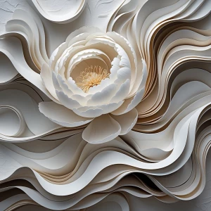 : "A lush, blooming peony with layered petals that curl and over...