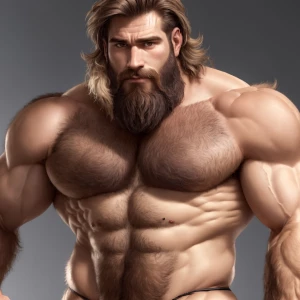 Describe a naike toned hairy man exudig confidence while showing...