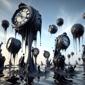 "melting clocks float in the sky, dripping ferrofluid from their...