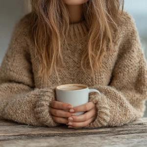 A young woman with long wavy hair wearing a chunky beige sweater...