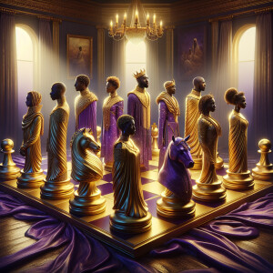 3-D realistic oil, painting, Oh a gold, and purple human chessbo...