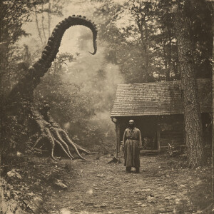 Vintage photo of hermit living with monsters, sepia-toned daguer...