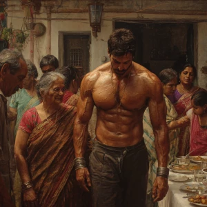 Photo hyperrealism,painting..a muscular sweaty beefy man walking...