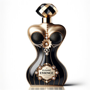 Design a fancy, black and gold bottle of perfume in the shape of a woman’s body. With a golden diamond top, flowers pearls and Diamonds in the name, Karen