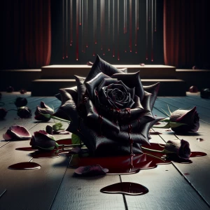 A black rose with blood on it is strewn across the stage