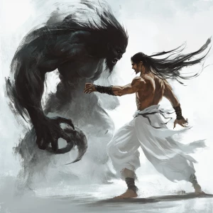 Male kick boxing monk with long hair having a shadow monster fro...