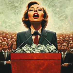 A woman in a business suit, with an exaggeratedly large mouth, s...