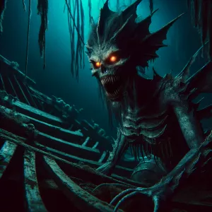 An evil mermaid:::5 with sharp teeth::1, malevolent glowing eyes...