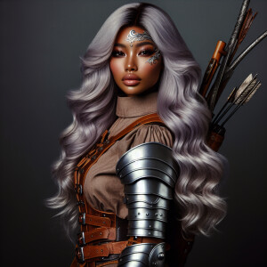 A beautiful huntress from the “Monster Hunter” series with dark...