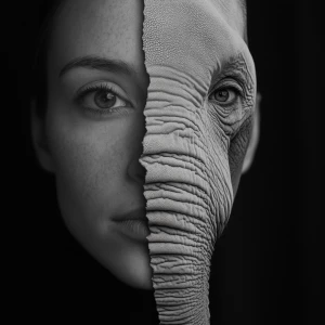 A woman's face transforming into a elephant's snout