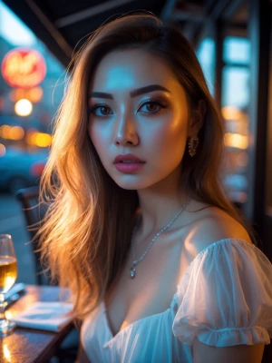 photo of young woman, highlight hair, sitting outside restaurant, wearing dress, rim lighting, studio lighting, looking at the camera, dslr, ultra quality, sharp focus, tack sharp, dof, film grain, Fujifilm XT3, crystal clear, 8K UHD, highly detailed glossy eyes, high detailed skin, skin pores