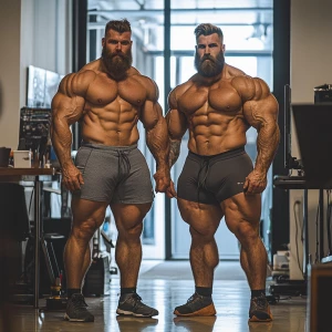 Two muscular bodybuilders with thick, full beards standing side...