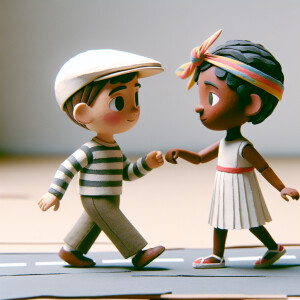 a boy and a girl walk in front of each other, the boy bumps the...