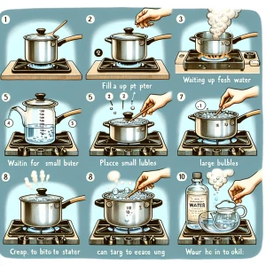 ‘ How to Boil Water; in 10 Easy Steps’ Show the 10 step instruct...