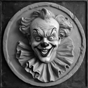 Psychotic clown, grayscale 3d bas relief, round border