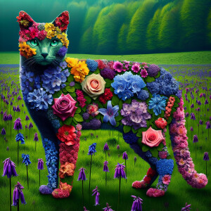 Imagine a cat with a body covered in a vibrant array of blooming...