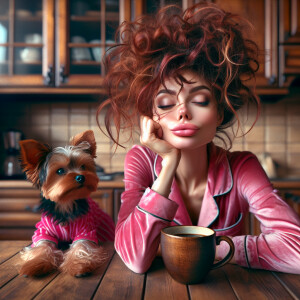 A whimsical funny pretty woman with shaggy curly red hair wearin...