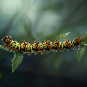 Create a surreal horizontal image of a caterpillar's journey fro...