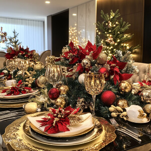 Centro de mesa navideño, alegre en un sofisticado ambiente navid...