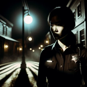 A solitary deputy sheriff standing beneath a streetlamp at night...