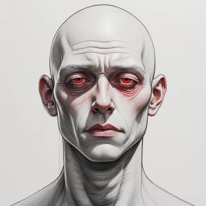 a pale, bald humanoid male with deep eye bags, hollow expression...