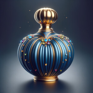 Create a 3-D realistic blue and gold, colorful jewels perfume b...