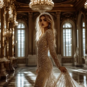 A woman in a stunning, Swarovski Crystal beaded gown stands in a...