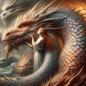 Woman embracing the snout of a colossal dragon:: the woman’s del...